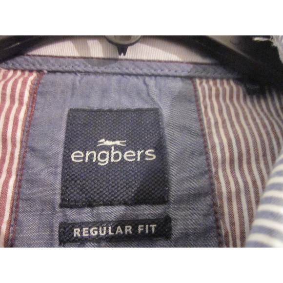 Engbers Men's XL Regular Fit Blue Red White Stripe Short Sleeved Button Up Shirt - Picture 2 of 5